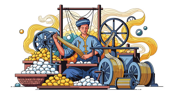 Man operating traditional silk reeling machine with cocoons.