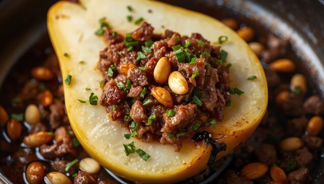 Close-up of a cast iron skillet with traditional half quince filled with minced lamb, herbs, and pine nuts