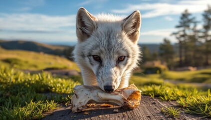 Naklejka premium An arctic fox gnawing on a bone atop wood. Natural wildlife feeding habits in the wild or sanctuary