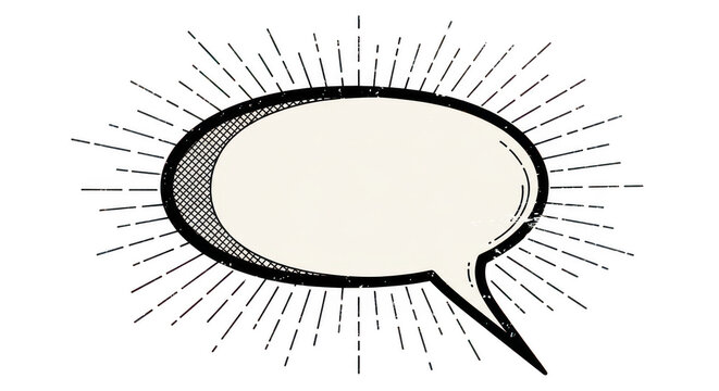A white speech bubble with a black background and sunburst design on transparent background