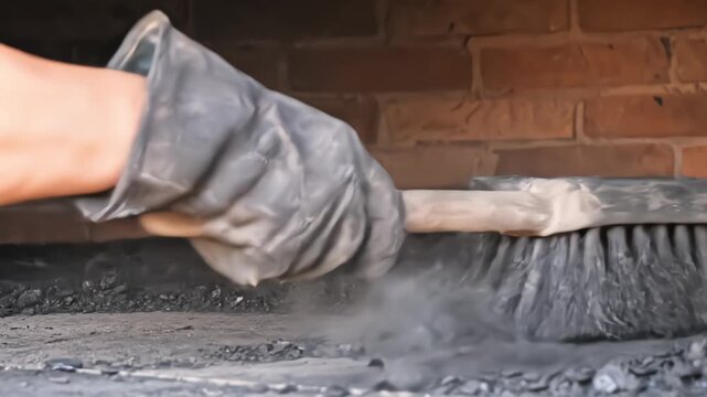 A baker wearing protective gloves uses a large brush to sweep ash and burnt coal out of a traditional brick wood-fired pizza oven to prepare for baking.