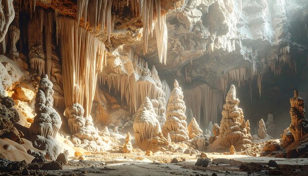 A stunning cave with towering stalactites and stalagmites