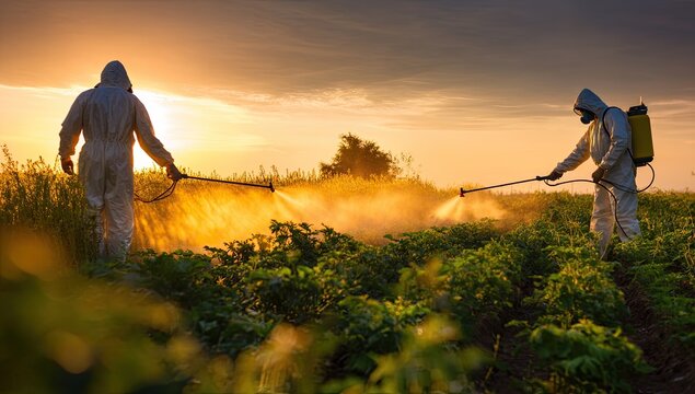 Two figures in protective suits spray crops under a warm, hazy sunset