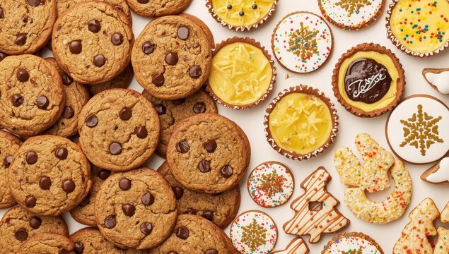 Famous festive cookies include chocolate chips, pineapple tarts, and contemporary varieties, typically enjoyed during Christmas or Eid