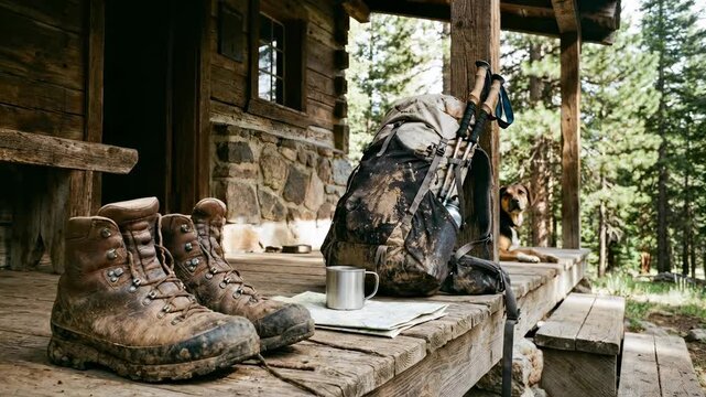 Well-worn hiking boots and backpack on a rustic cabin porch after a challenging trek