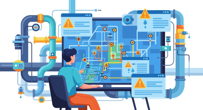 Man Working on Complex Industrial Control System Dashboard.