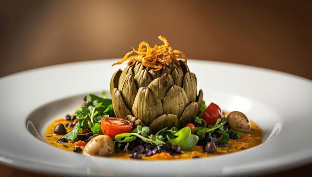 Italian dish featuring artichoke, porcini mushroom sauce, and crispy onions, harmonizing earthy tastes and a refined crunch