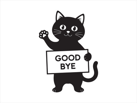 Cute cat silhouette holding goodbye sign vector cartoon animal character isolated on white background