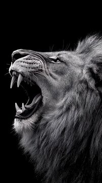 Close up of a roaring lion showing sharp teeth in dramatic black and white detail