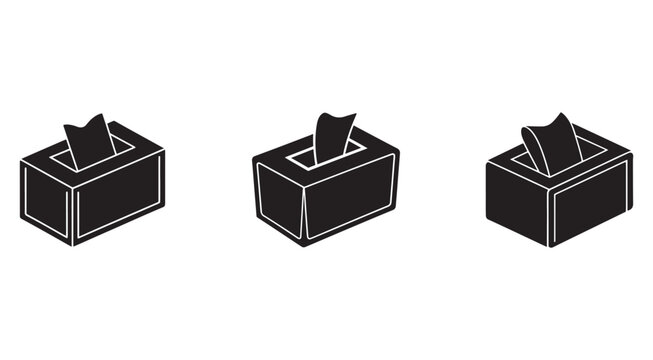 Black and white line art illustrations of tissue boxes in various angles and positions  simple design elements