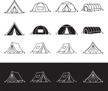 Various tent styles and designs, camping and outdoor shelter icons, black and white