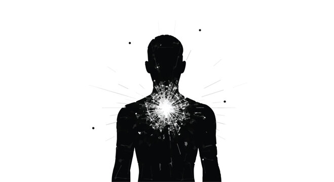 Man silhouette featuring a glowing burst of energy at the core symbolizes the awakening of inner power, spiritual transformation, and the radiant vitality found within the human consciousness.