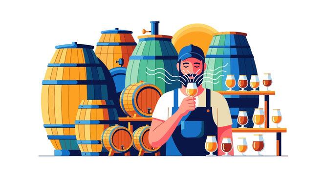 Man tasting beer in brewery with barrels and glasses.