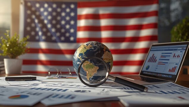 Employment analysis of labor market trends with a focus on Nonfarm Payroll, featuring a magnifying glass and small globe on the US flag