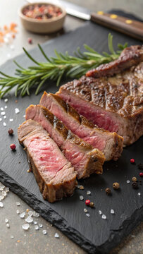 Photorealistic vertical steak composition sliced ribeye medium rare with glossy fat salt pepper rosemary strong contrast lighting copy space
