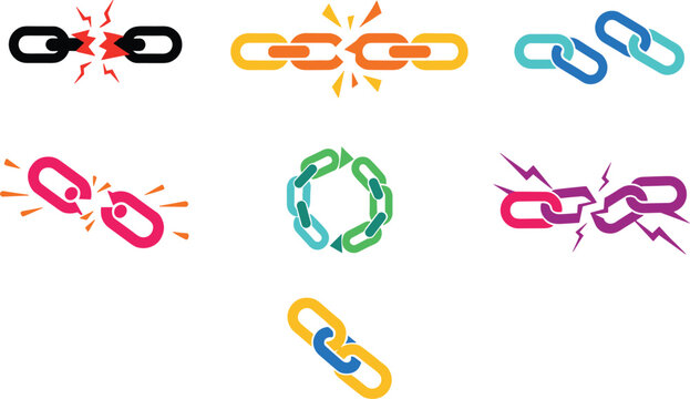 Broken chain vector icon set with linking connection symbols colorful abstract repair and disconnect elements collection isolated