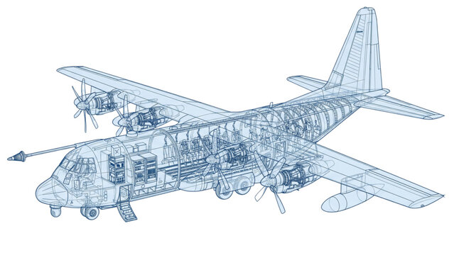 Technical 3D wireframe special operations transport plane with x-ray view and translucent blue high-wing body. Ideal for aviation and defense concepts.