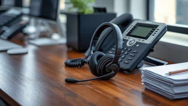 Office desk concept for communication with VOIP headset, microphone, and headphones for IT support and customer service