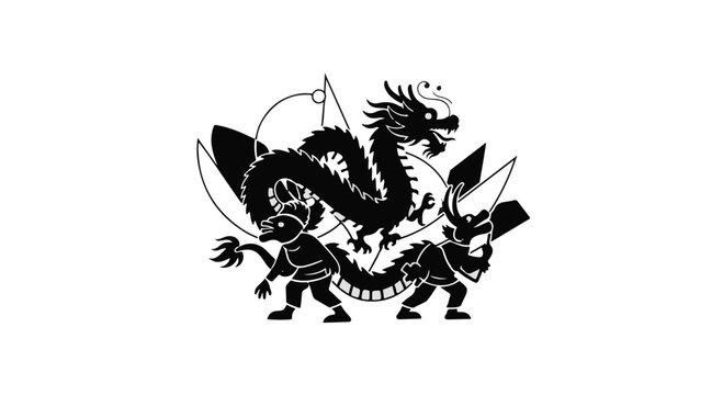 Dragon dance performers wearing an elaborate traditional costume move in unison during a festive cultural celebration, captured as a detailed black and white graphic design element for print.