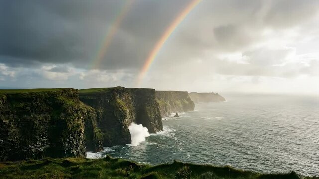Spectacular Double Rainbow Arches Over Ireland's Iconic Cliffs of Moher