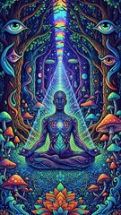 Fototapeta premium Meditating figure in forest surrounded by psychedelic mushroom imagery
