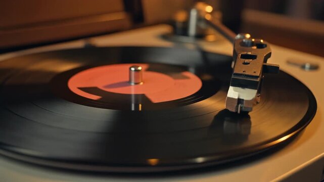 A close-up view of a vinyl record playing on a turntable indoors.