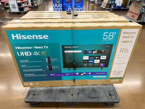Hisense Roku TV 58 Inch UHD 4K Television Display In Warehouse Store