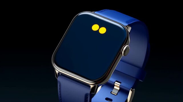 Square faced smart wearable device with blue strap and glowing circular indicators, accessory smartwatch, gadget, tech.
