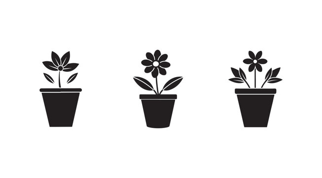 Black silhouettes of potted plants with flowers and leaves on white background  simple botanical icons