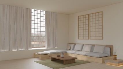  japandi interior modern living room, minilist style and contemporary. 3d render © Ainul