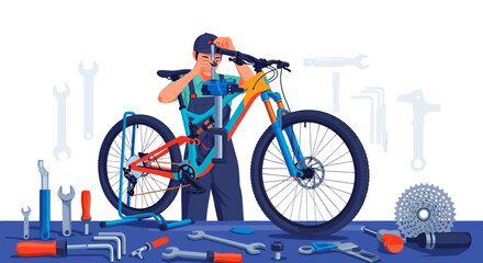 Obraz premium Mechanic working on a colorful mountain bike with tools.