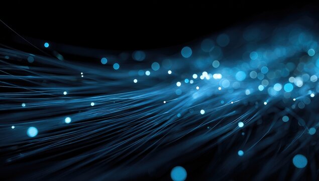 Abstract flowing blue threads with glowing particles against dark background