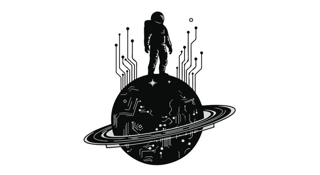 Astronaut standing atop a digitized planet surface represents human exploration of outer space, technological advancement, cosmic travel, and the future of interstellar discovery in this concept.