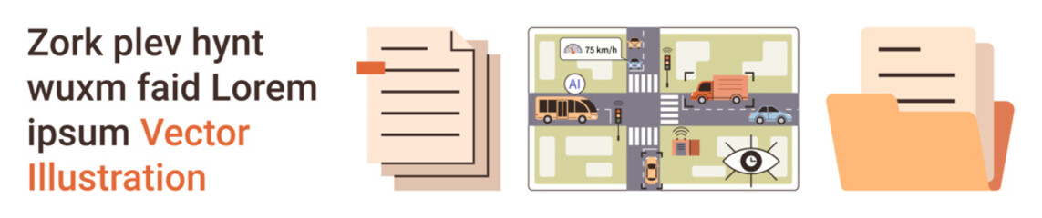 Logistics, urban planning, document management, information analysis, navigation, transportation. Map with vehicles, paper documents and file folders. Logistics and urban planning concept © robu_s