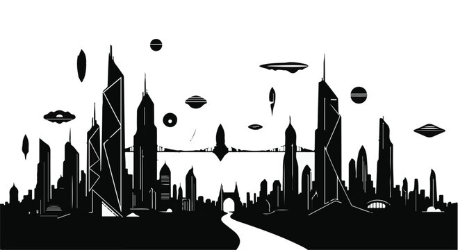 Futuristic city skyline features towering skyscrapers and unidentified flying objects soaring through a clear sky, depicting an advanced metropolis of the distant and imaginative future.