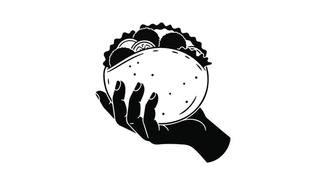 Taco held by a human hand is depicted in this bold and minimalist flat vector illustration which emphasizes the delicious street food culture while providing ample copy space for design work.