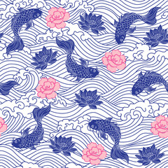 Fototapeta premium Mahjong Chinoiserie Seamless Pattern with Koi Fish, Peonies, Lotuses, and Water Waves in Classic Blue and White Porcelain Style