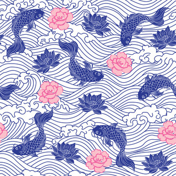 Mahjong Chinoiserie Seamless Pattern with Koi Fish, Peonies, Lotuses, and Water Waves in Classic Blue and White Porcelain Style