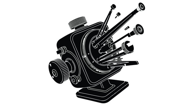 Engine block illustration depicts mechanical parts and metallic components exploding outward to showcase complex engineering and manufacturing precision for industrial design or technical diagrams.