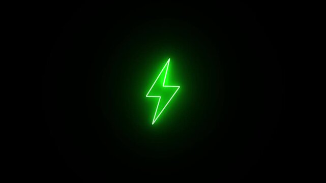 Neon Battery charging power symbol, lightning bolt sign on the black background.