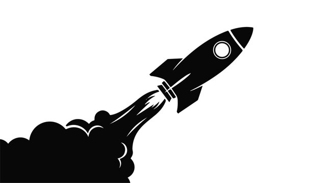 Rocket ship launching into the sky with a large plume of smoke illustrates the beginning of a new business venture or a technological breakthrough that signifies growth and innovation.