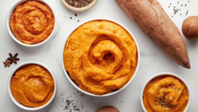 Isolated mashed sweet potato. Puree, batata mash, spread, smoothie, and hummus made from orange vegetable on white background, top view