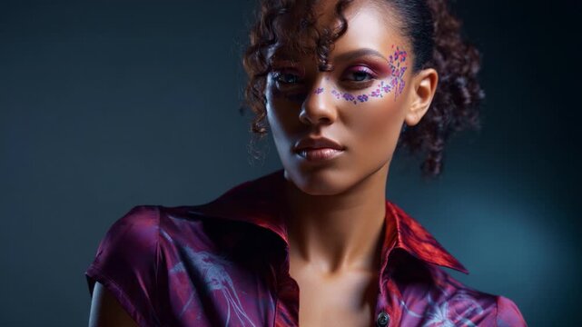 Elegant portrait of a fashion model with artistic face makeup and vibrant attire showcasing a unique blend of color, style, and allure in a professional setting.
