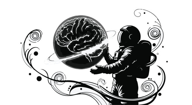 Astronaut interacting with a floating orb representing the human brain explores the depths of consciousness and scientific discovery in a creative black and white minimalist artistic illustration.