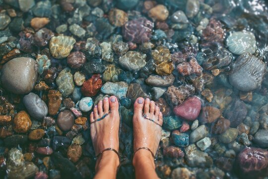 Human feet with anklets stand in clear water over colorful pebbles