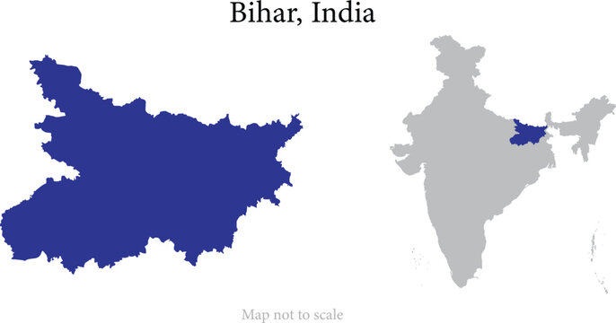 Bihar India map vector with highlighted state location on India map, detailed state outline illustration