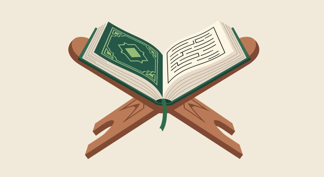 Open Holy Quran on a wooden rehal for religious study.