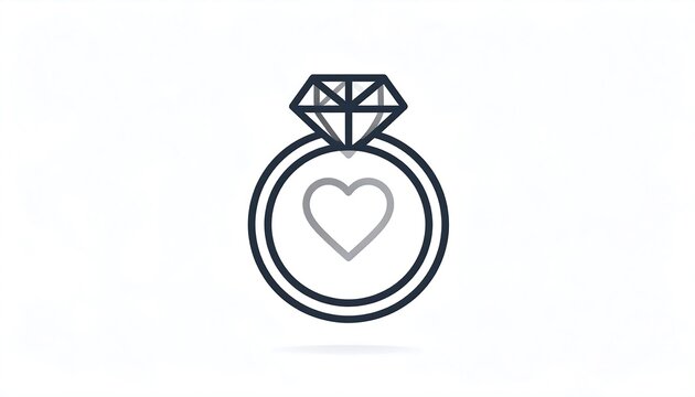 A simple illustration of a ring with a large diamond and a heart shape in the center, rendered in lines