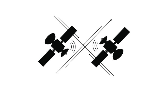 Two black satellite objects are depicted against a white backdrop, connected by thin lines and signal waves, illustrating communication networks.
