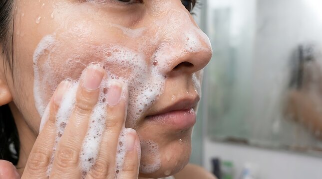 Close-up of a young woman washing her face with foamy cleanser, performing daily beauty and skin care routine in the bathroom.